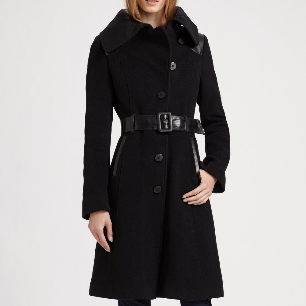 Mackage Black Wool A Line Belted Peacoat